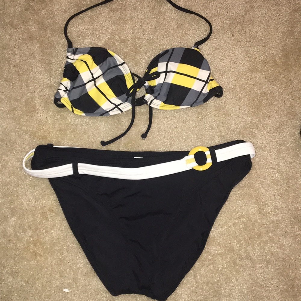 Yellow and Black Checkerboard Bandeau Bikini Top